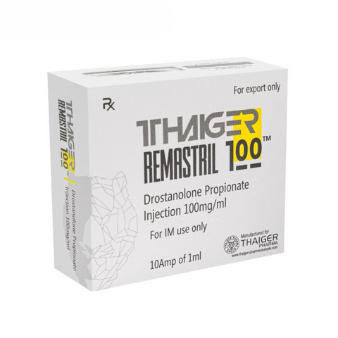 Remastril 100 Masteron (Drostanolona Propionato) de Thaiger Pharma para definición extrema, vascularidad, rayado muscular y físico seco sin retención.