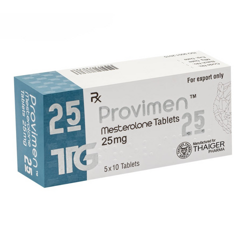Provimen 25 Proviron oral de Thaiger Pharma para aumentar testosterona libre, mejorar líbido y lograr un físico más seco y estético en hombres.