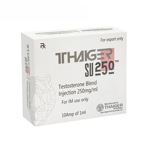 Sustanon 250 de Thaiger Pharma, mezcla de testosteronas para ciclos de volumen, fuerza y rendimiento con liberación prolongada y estable.