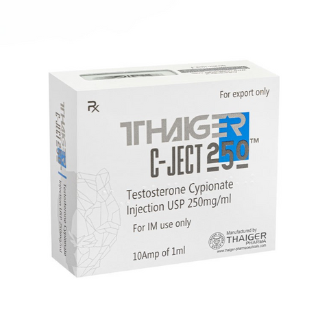 C-Ject 250 Testosterona Cipionato inyectable de Thaiger Pharma para ciclos de volumen, fuerza y terapia de reemplazo hormonal en hombres.