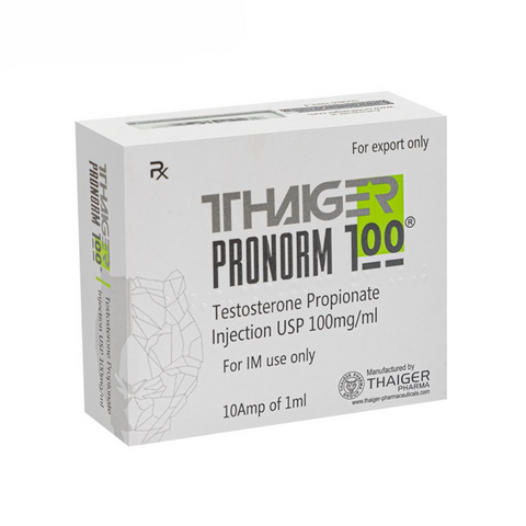 Pronorm 100 Testosterona Propionato inyectable de Thaiger Pharma para ciclos de definición, rayado, recomposición y estética sin retención.