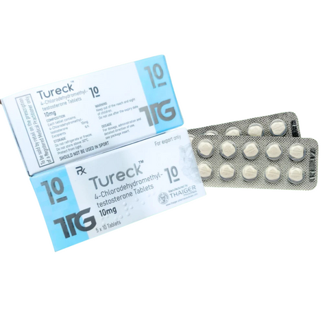 Turinabol 10 mg Thaiger Pharma, esteroide oral para definición, recomposición y masa magra sin retención hídrica. Presentación de 50 tabletas.